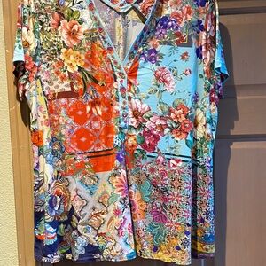 Johnny Was Floral Print V-neck Henley Top